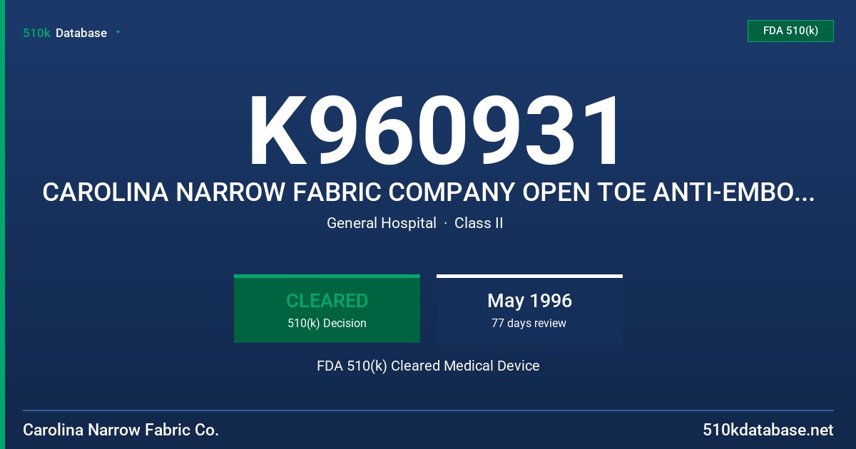 K960931 CAROLINA NARROW FABRIC COMPANY OPEN TOE ANTI-EMBOLISM STOCKING FDA 510(k) Cleared Medical Device