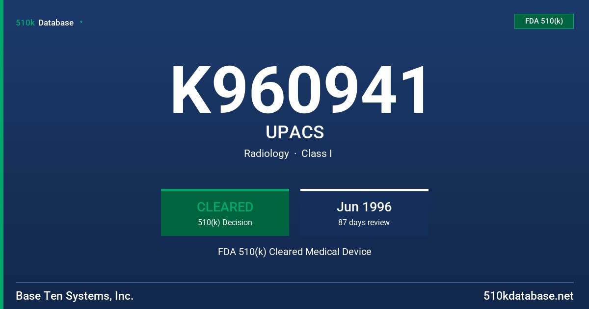 K960941 UPACS FDA 510(k) Cleared Medical Device