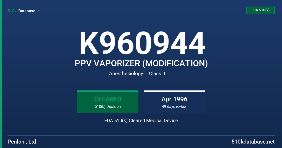 K960944 PPV VAPORIZER (MODIFICATION) FDA 510(k) Cleared Medical Device
