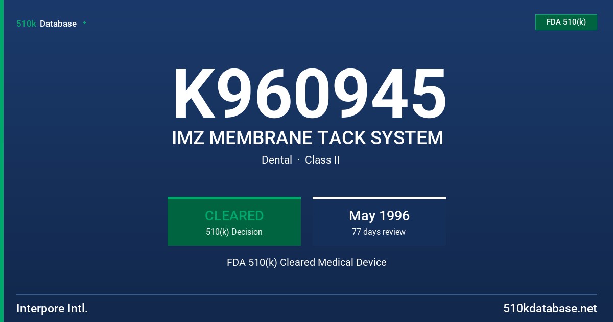 K960945 IMZ MEMBRANE TACK SYSTEM FDA 510(k) Cleared Medical Device