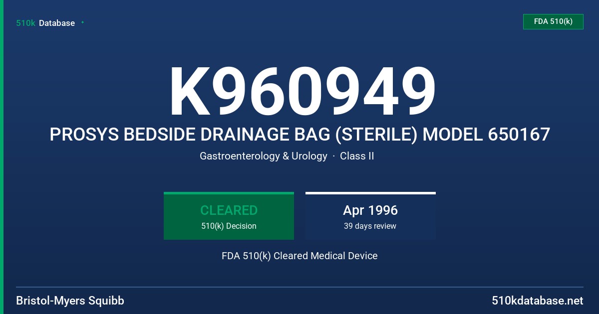 K960949 PROSYS BEDSIDE DRAINAGE BAG (STERILE) MODEL 650167 FDA 510(k) Cleared Medical Device