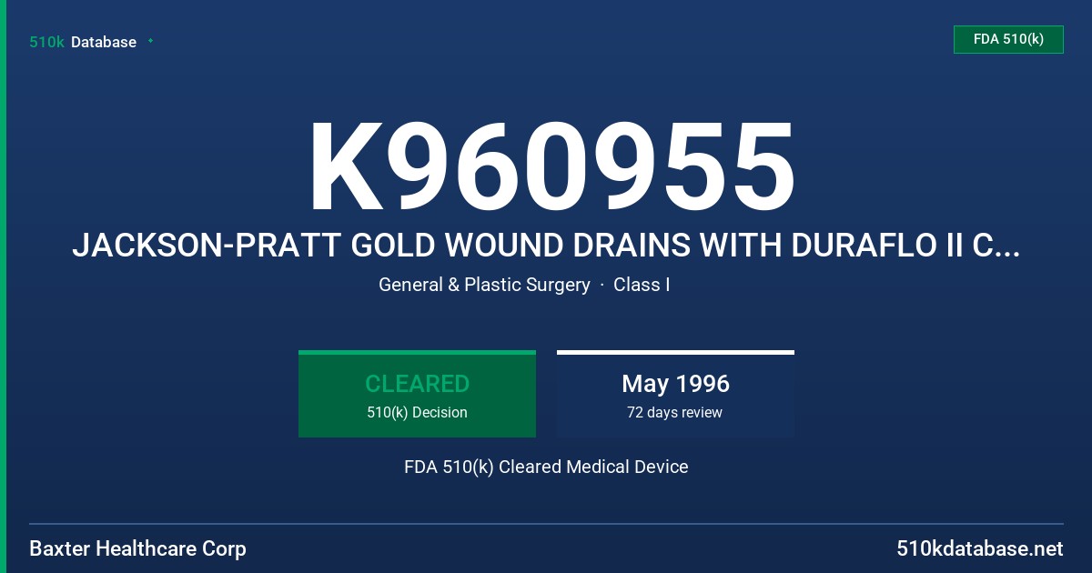 K960955 JACKSON-PRATT GOLD WOUND DRAINS WITH DURAFLO II COATING FDA 510(k) Cleared Medical Device