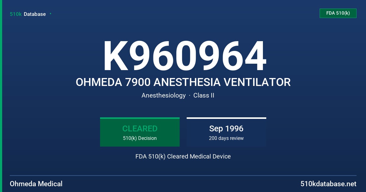 K960964 OHMEDA 7900 ANESTHESIA VENTILATOR FDA 510(k) Cleared Medical Device