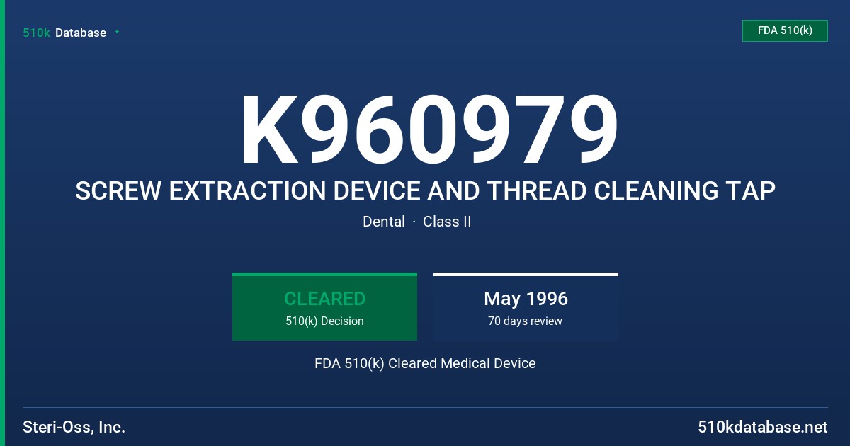 K960979 SCREW EXTRACTION DEVICE AND THREAD CLEANING TAP FDA 510(k) Cleared Medical Device
