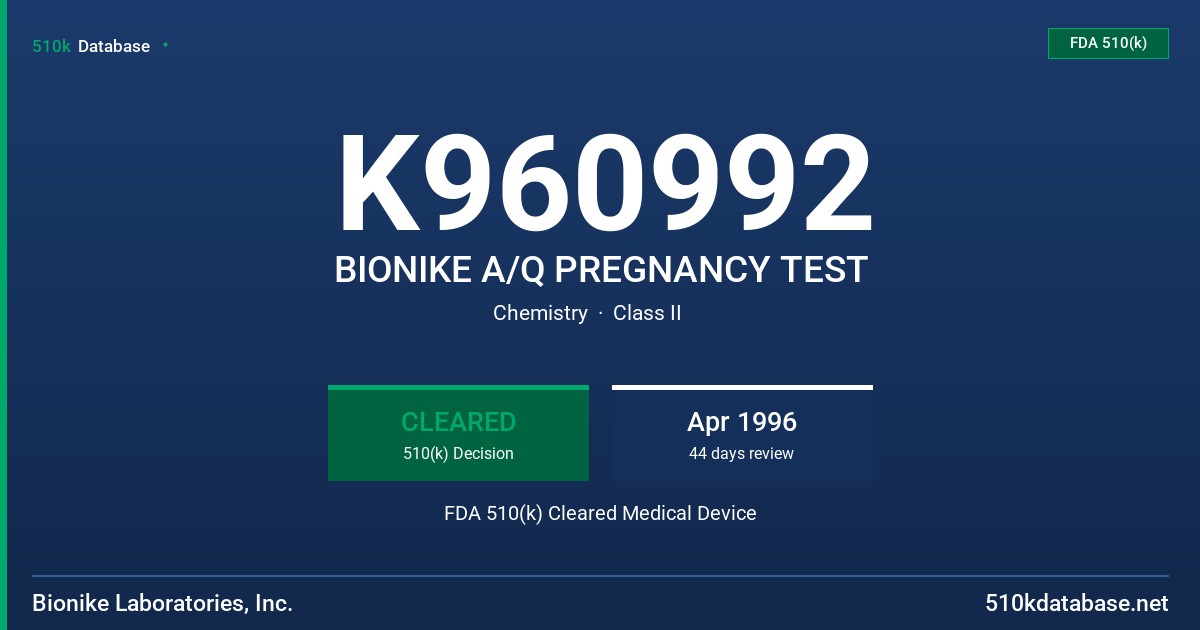K960992 BIONIKE A/Q PREGNANCY TEST FDA 510(k) Cleared Medical Device