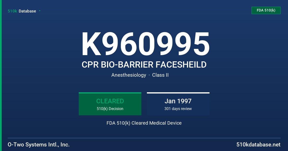 K960995 CPR BIO-BARRIER FACESHEILD FDA 510(k) Cleared Medical Device