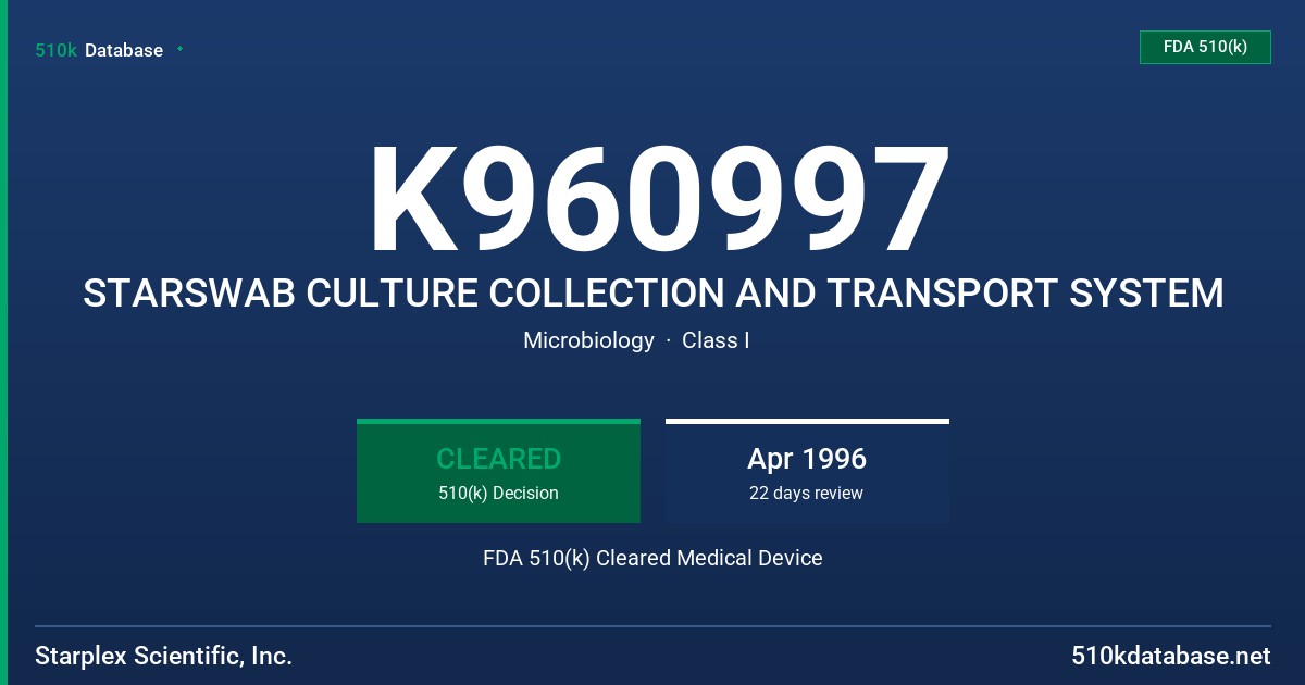 K960997 STARSWAB CULTURE COLLECTION AND TRANSPORT SYSTEM FDA 510(k) Cleared Medical Device