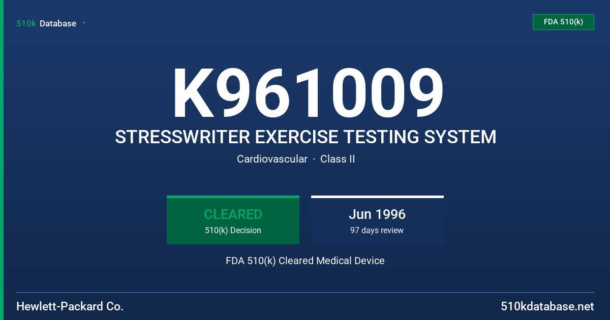 K961009 STRESSWRITER EXERCISE TESTING SYSTEM FDA 510(k) Cleared Medical Device