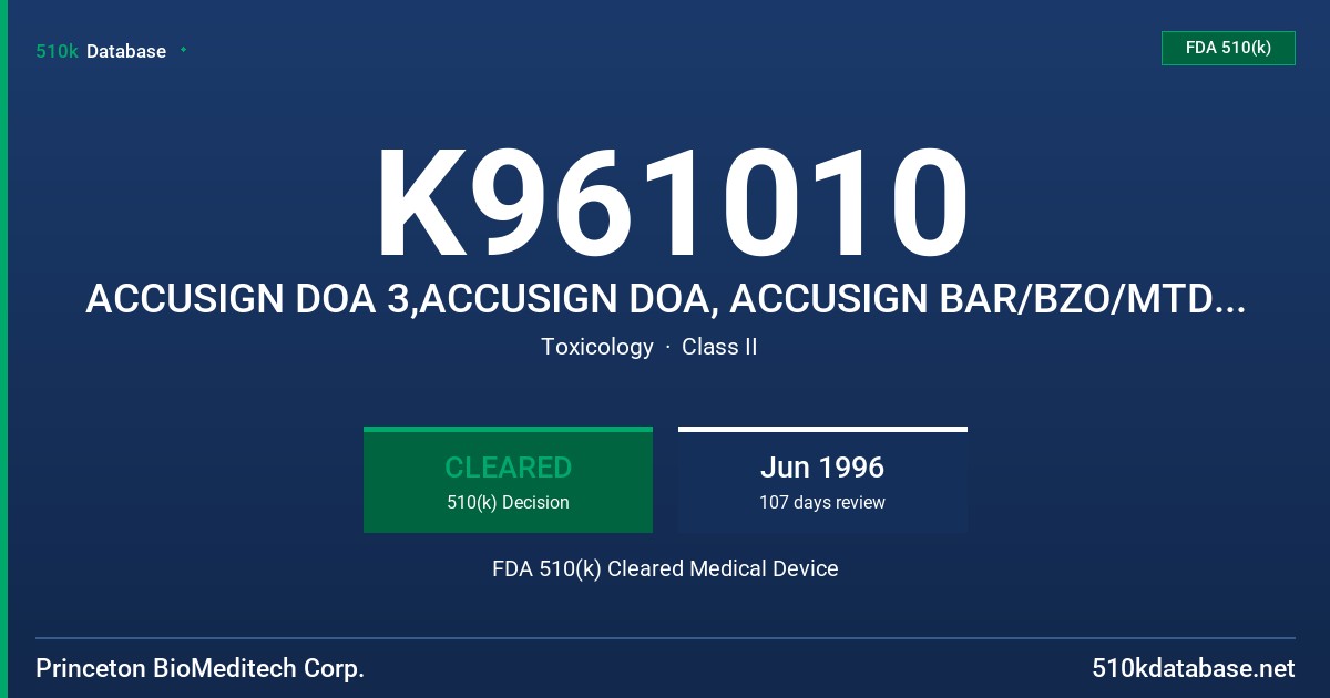 K961010 ACCUSIGN DOA 3,ACCUSIGN DOA, ACCUSIGN BAR/BZO/MTD, BIOSIGN DOA 3, BIOSIGN BAR/BZO/MTD FDA 510(k) Cleared Medical Device