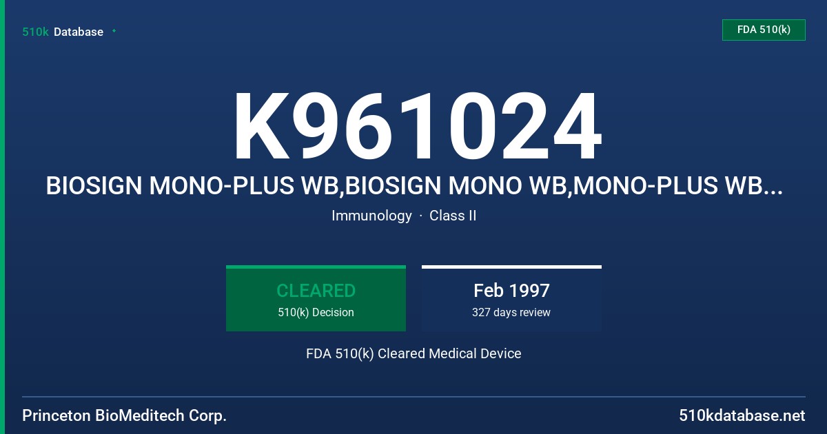 K961024 BIOSIGN MONO-PLUS WB,BIOSIGN MONO WB,MONO-PLUS WB,ACCUSIGN MONO WB FDA 510(k) Cleared Medical Device