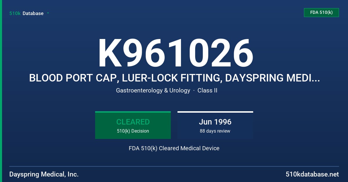 K961026 BLOOD PORT CAP, LUER-LOCK FITTING, DAYSPRING MEDICAL PART NO. BPC252LL FDA 510(k) Cleared Medical Device