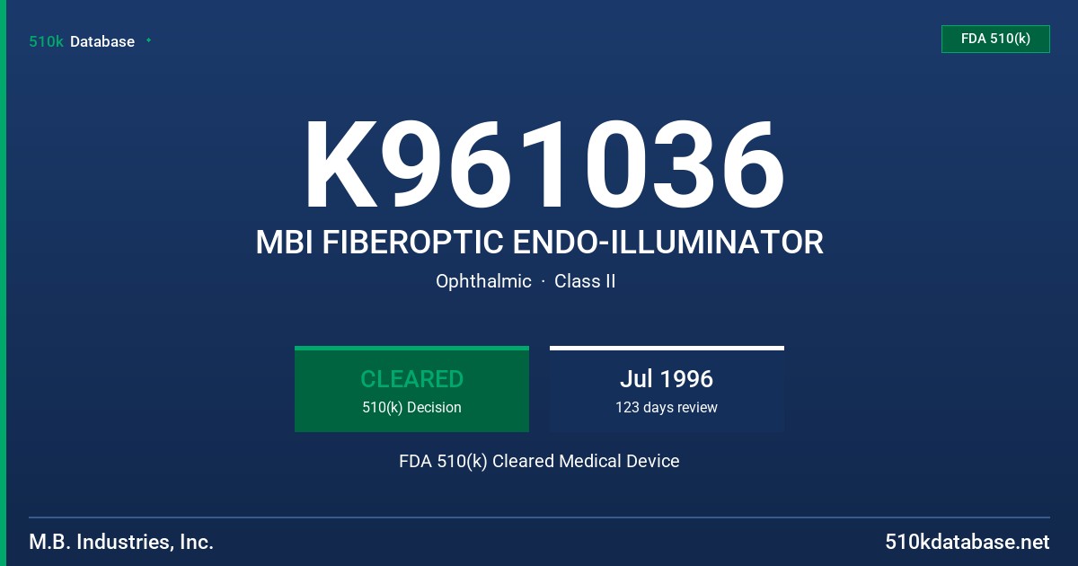 K961036 MBI FIBEROPTIC ENDO-ILLUMINATOR FDA 510(k) Cleared Medical Device
