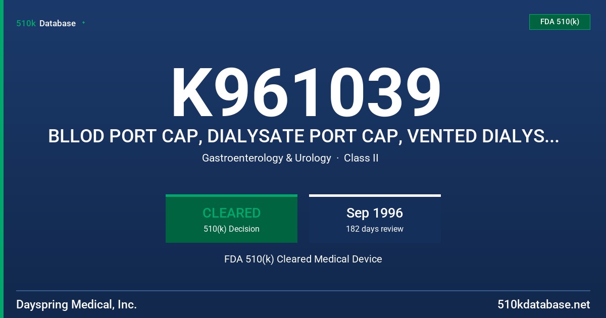 K961039 BLLOD PORT CAP, DIALYSATE PORT CAP, VENTED DIALYSATE PORT CAP WITH RED PLIABLE VINYL FDA 510(k) Cleared Medical Device
