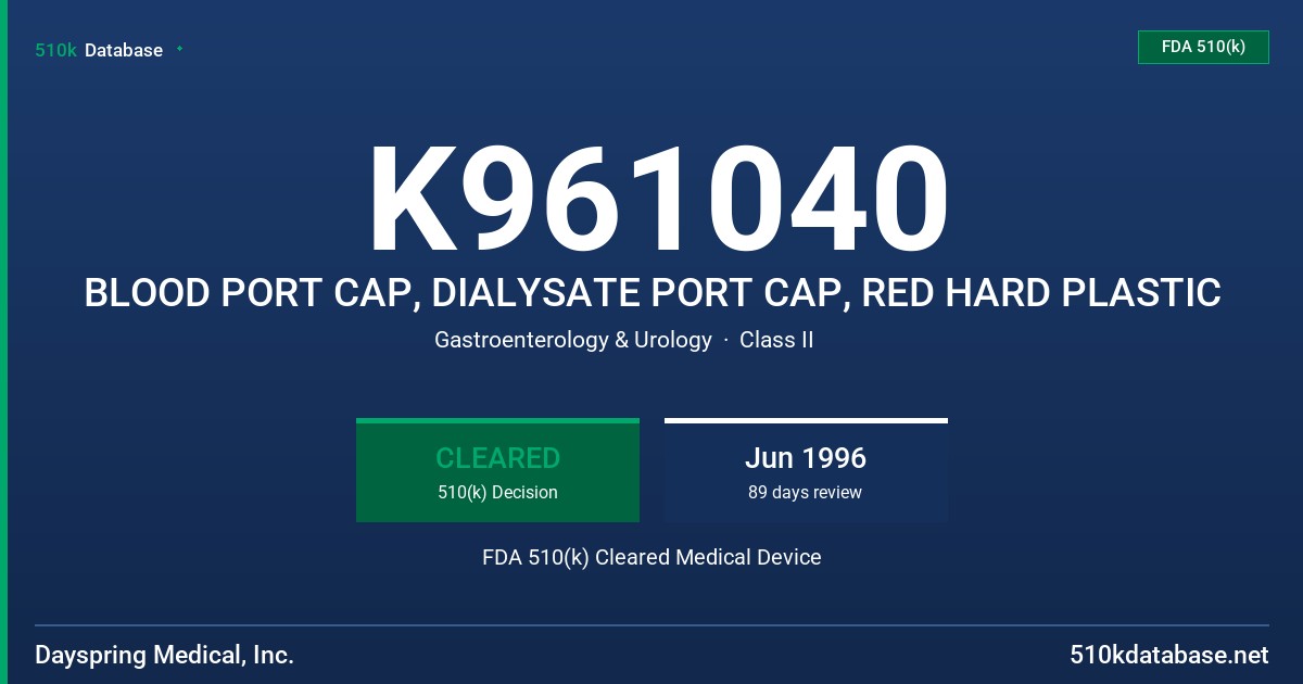K961040 BLOOD PORT CAP, DIALYSATE PORT CAP, RED HARD PLASTIC FDA 510(k) Cleared Medical Device