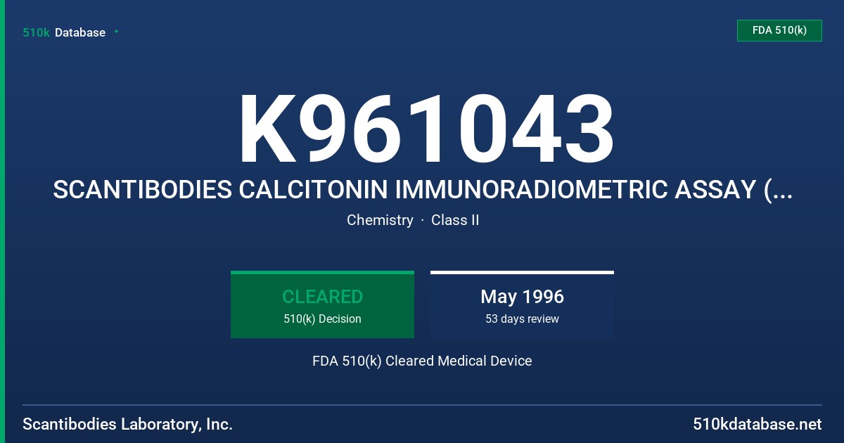 K961043 SCANTIBODIES CALCITONIN IMMUNORADIOMETRIC ASSAY (COATED BEAD TECHNOLOGY) FDA 510(k) Cleared Medical Device
