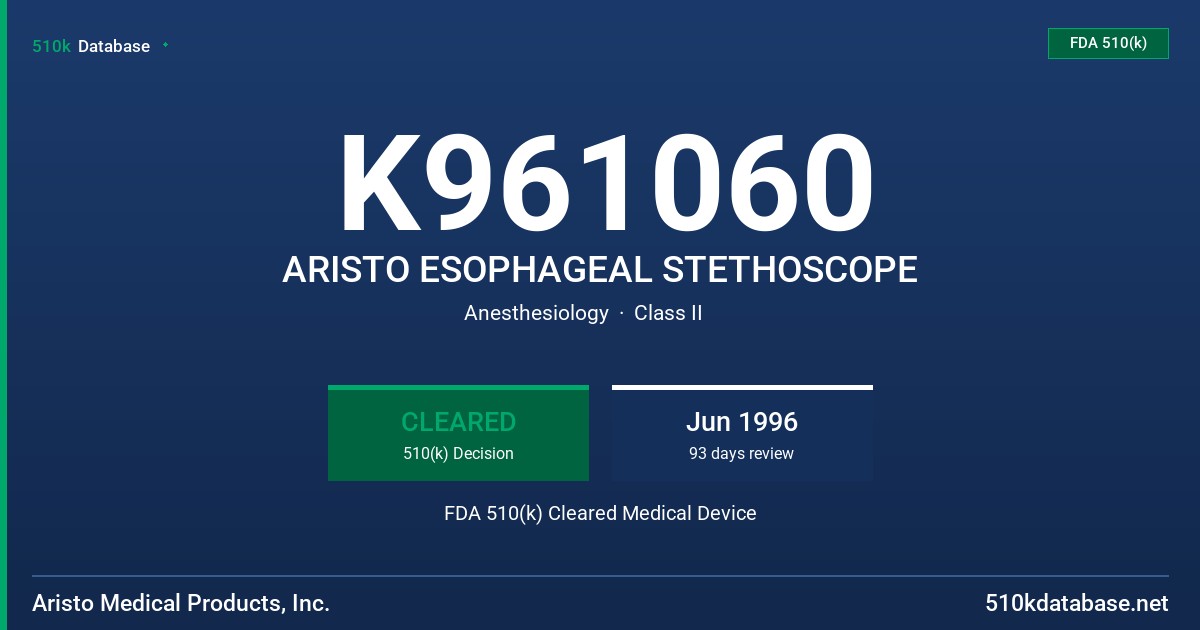 K961060 ARISTO ESOPHAGEAL STETHOSCOPE FDA 510(k) Cleared Medical Device