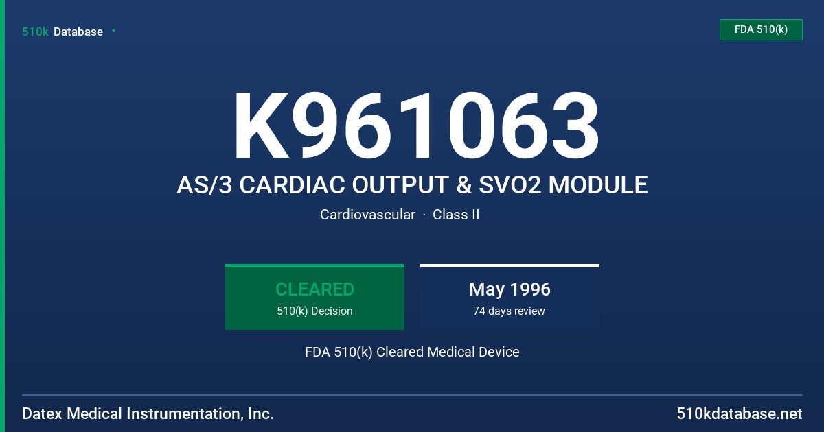 K961063 AS/3 CARDIAC OUTPUT & SVO2 MODULE FDA 510(k) Cleared Medical Device