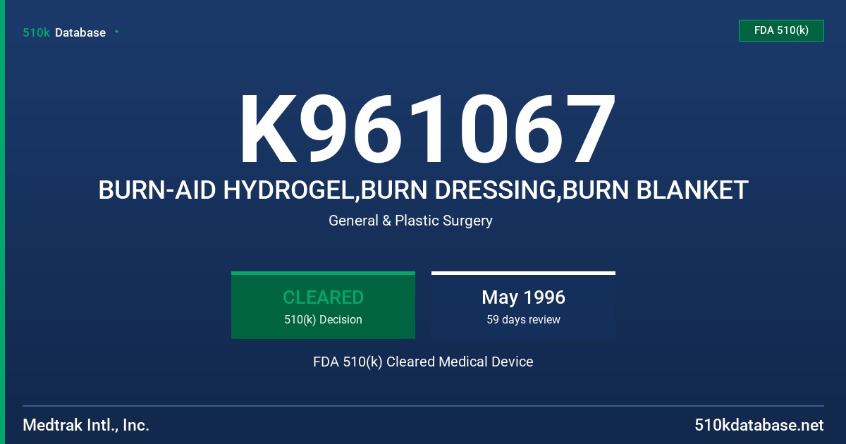 K961067 BURN-AID HYDROGEL,BURN DRESSING,BURN BLANKET FDA 510(k) Cleared Medical Device