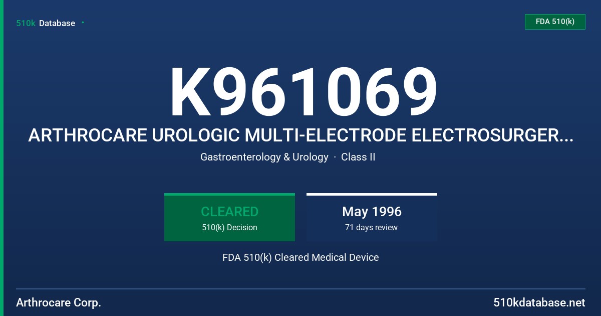 K961069 ARTHROCARE UROLOGIC MULTI-ELECTRODE ELECTROSURGERY SYSTEM FDA 510(k) Cleared Medical Device