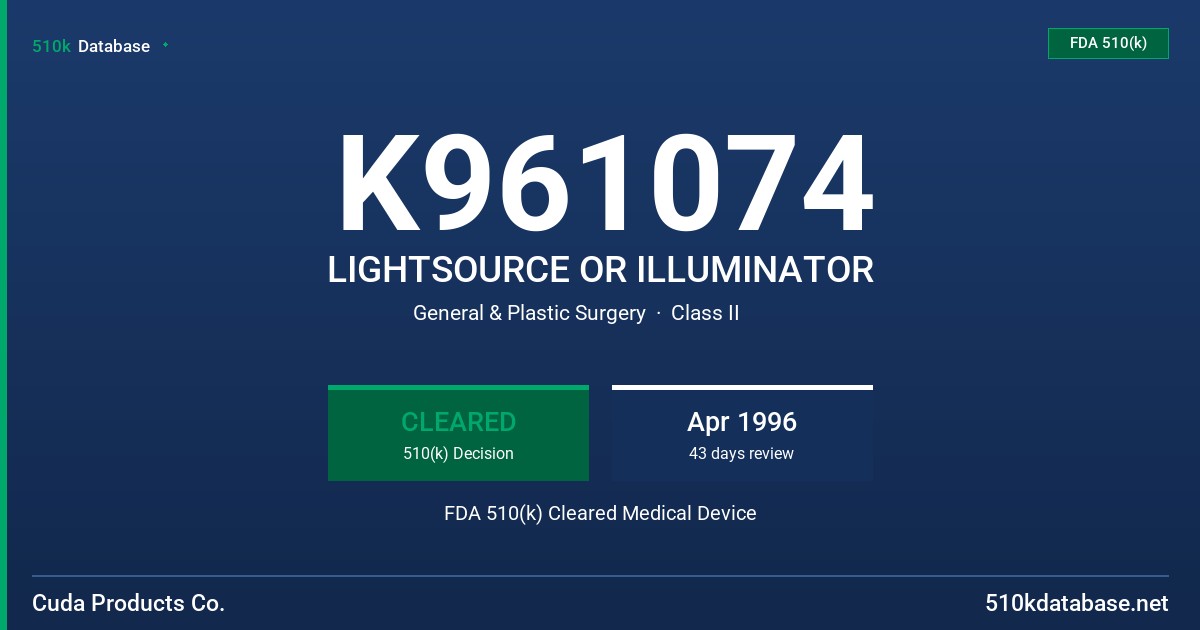 K961074 LIGHTSOURCE OR ILLUMINATOR FDA 510(k) Cleared Medical Device