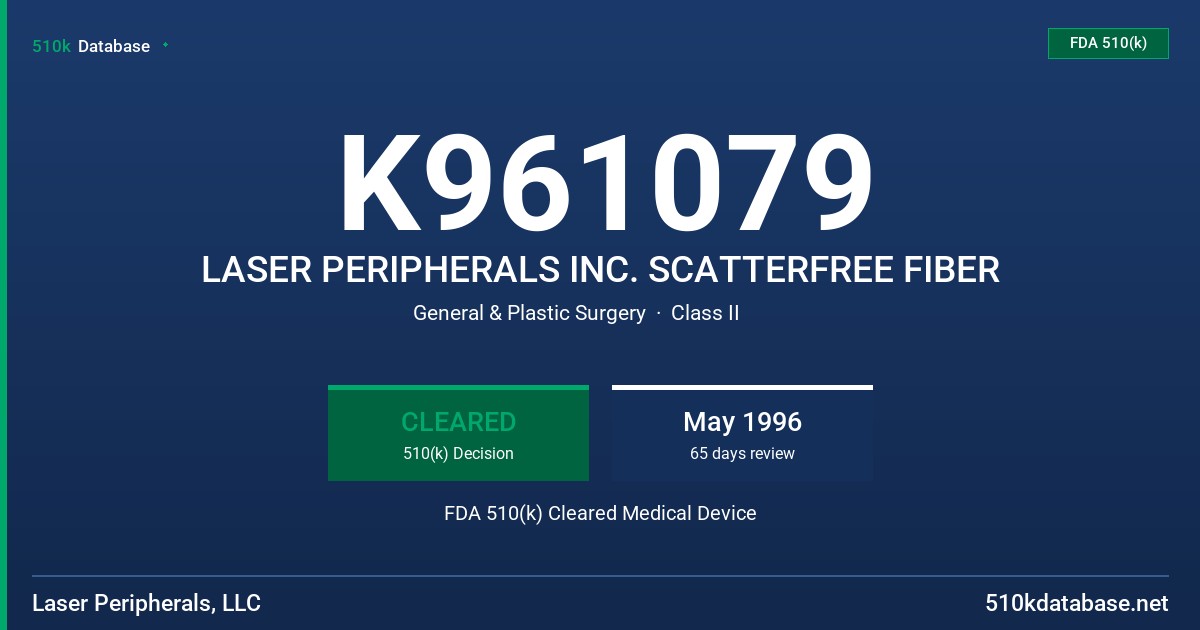 K961079 LASER PERIPHERALS INC. SCATTERFREE FIBER FDA 510(k) Cleared Medical Device