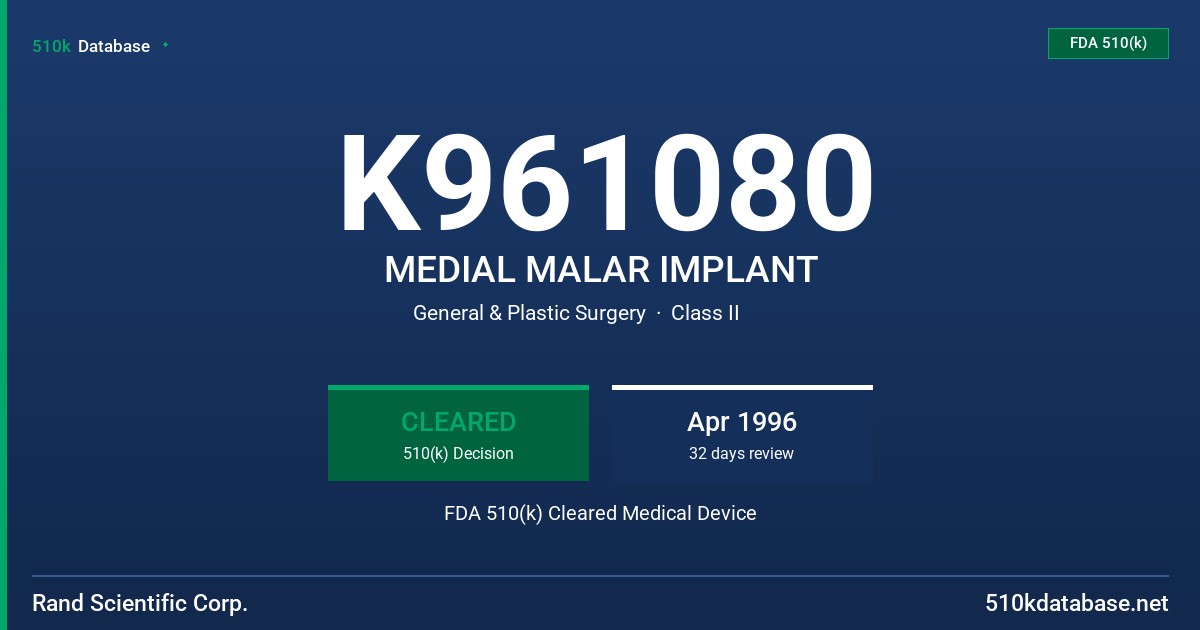 K961080 MEDIAL MALAR IMPLANT FDA 510(k) Cleared Medical Device