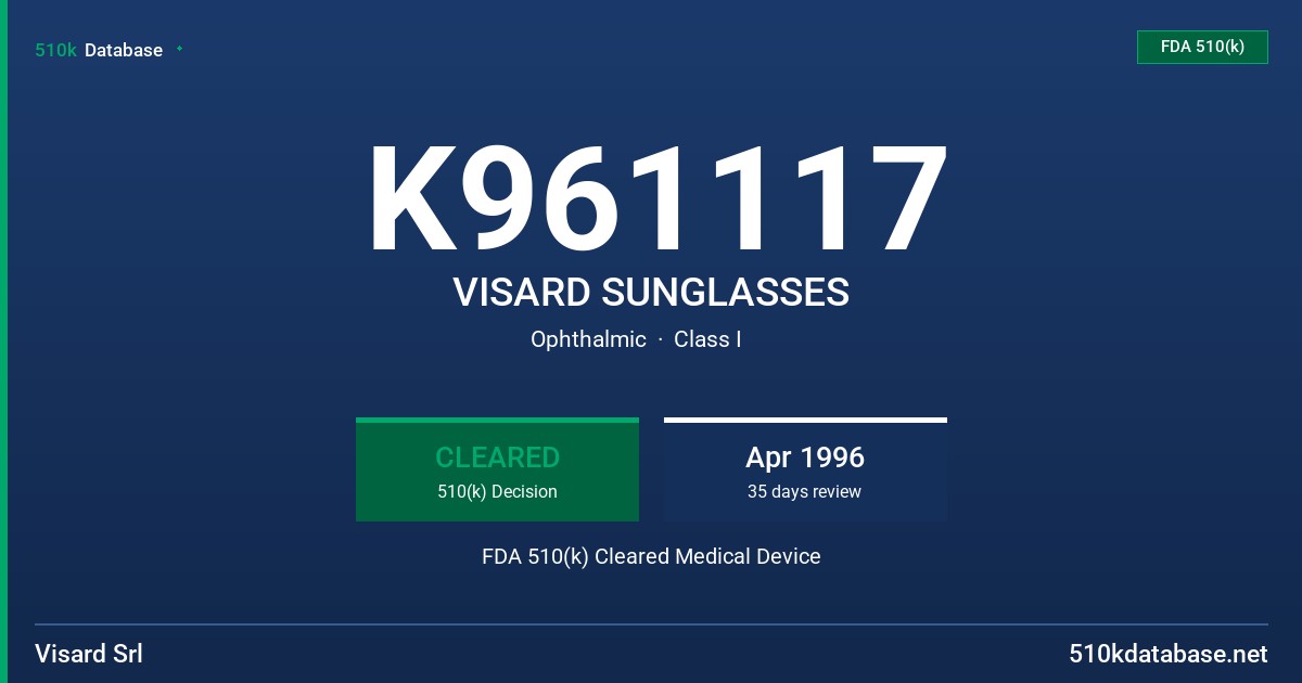 K961117 VISARD SUNGLASSES FDA 510(k) Cleared Medical Device