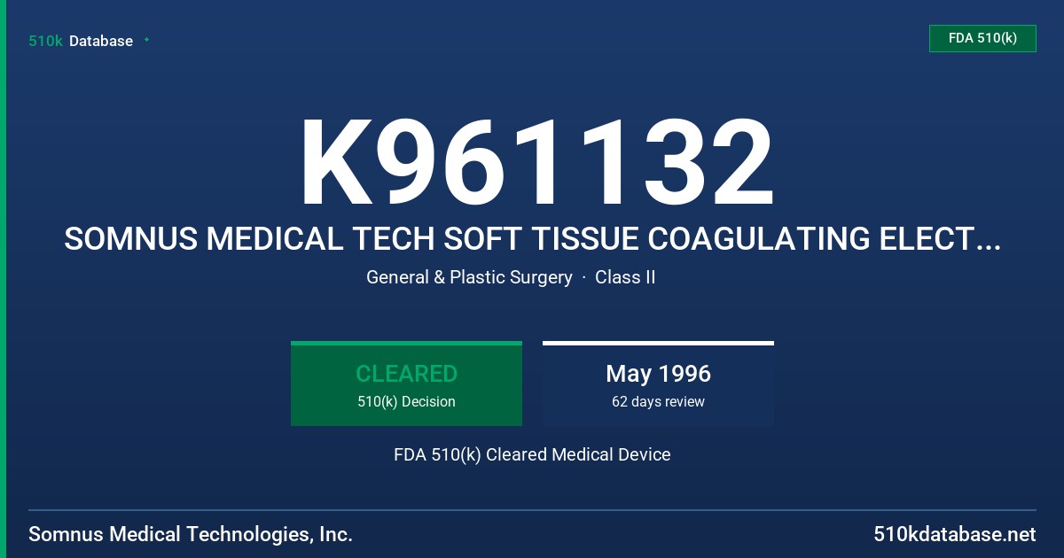 K961132 SOMNUS MEDICAL TECH SOFT TISSUE COAGULATING ELECTRODE FDA 510(k) Cleared Medical Device