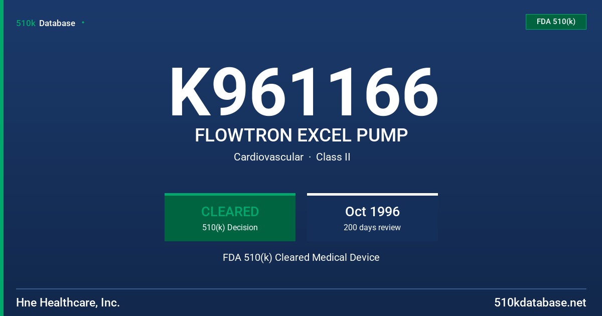 K961166 FLOWTRON EXCEL PUMP FDA 510(k) Cleared Medical Device