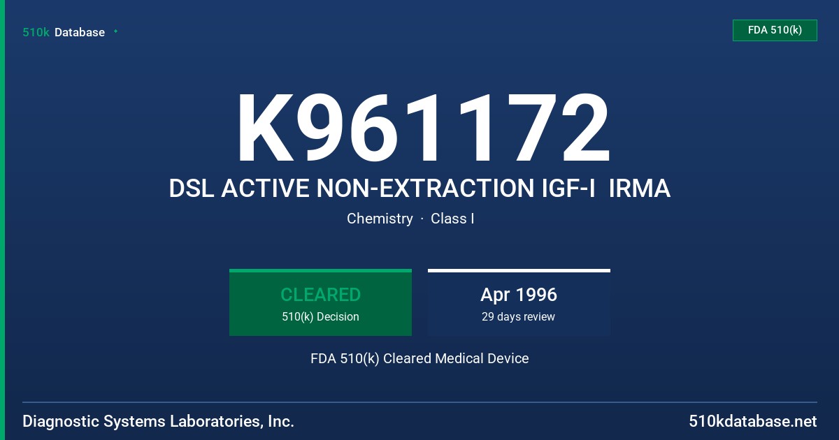 K961172 DSL ACTIVE NON-EXTRACTION IGF-I  IRMA FDA 510(k) Cleared Medical Device