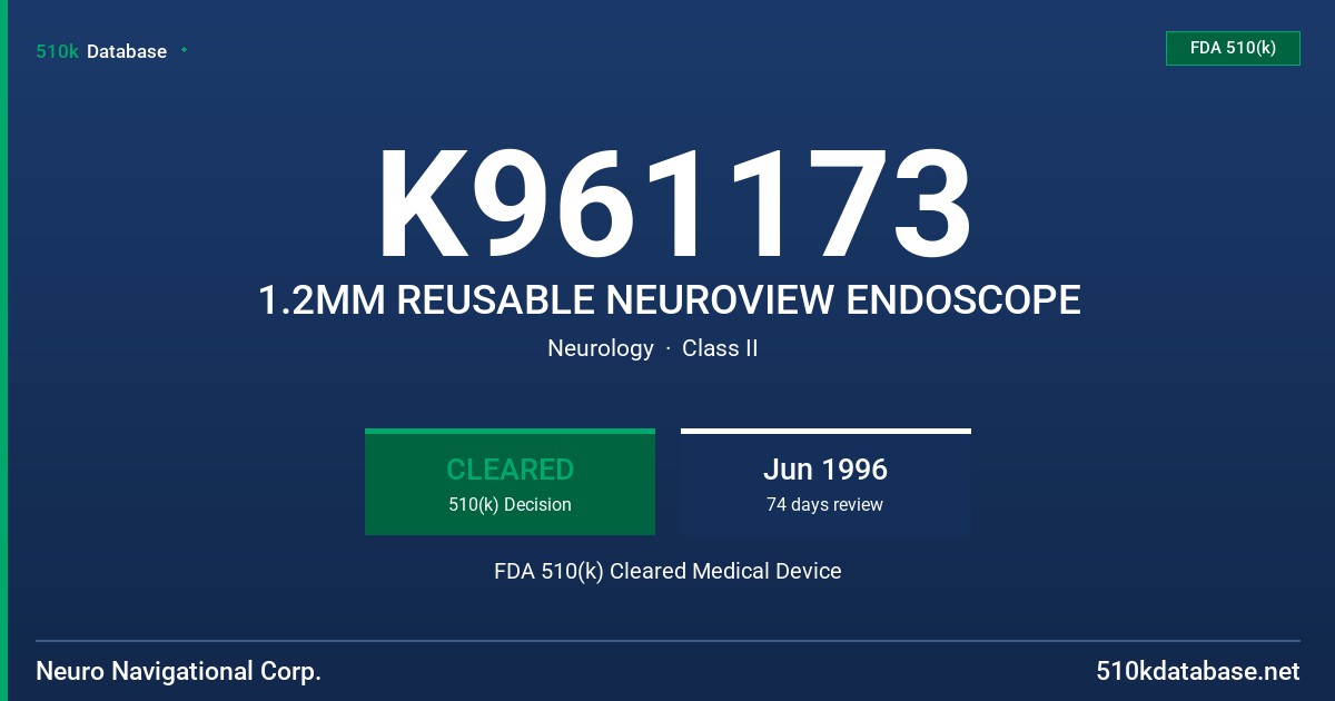 K961173 1.2MM REUSABLE NEUROVIEW ENDOSCOPE FDA 510(k) Cleared Medical Device