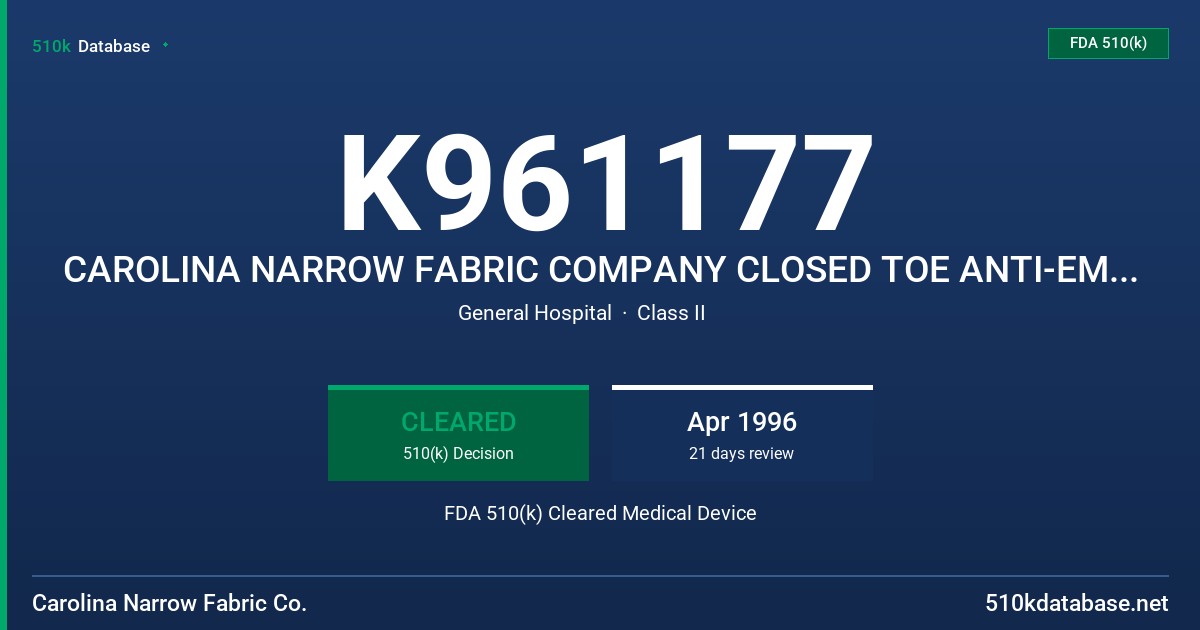 K961177 CAROLINA NARROW FABRIC COMPANY CLOSED TOE ANTI-EMBOLISM STOCKING FDA 510(k) Cleared Medical Device