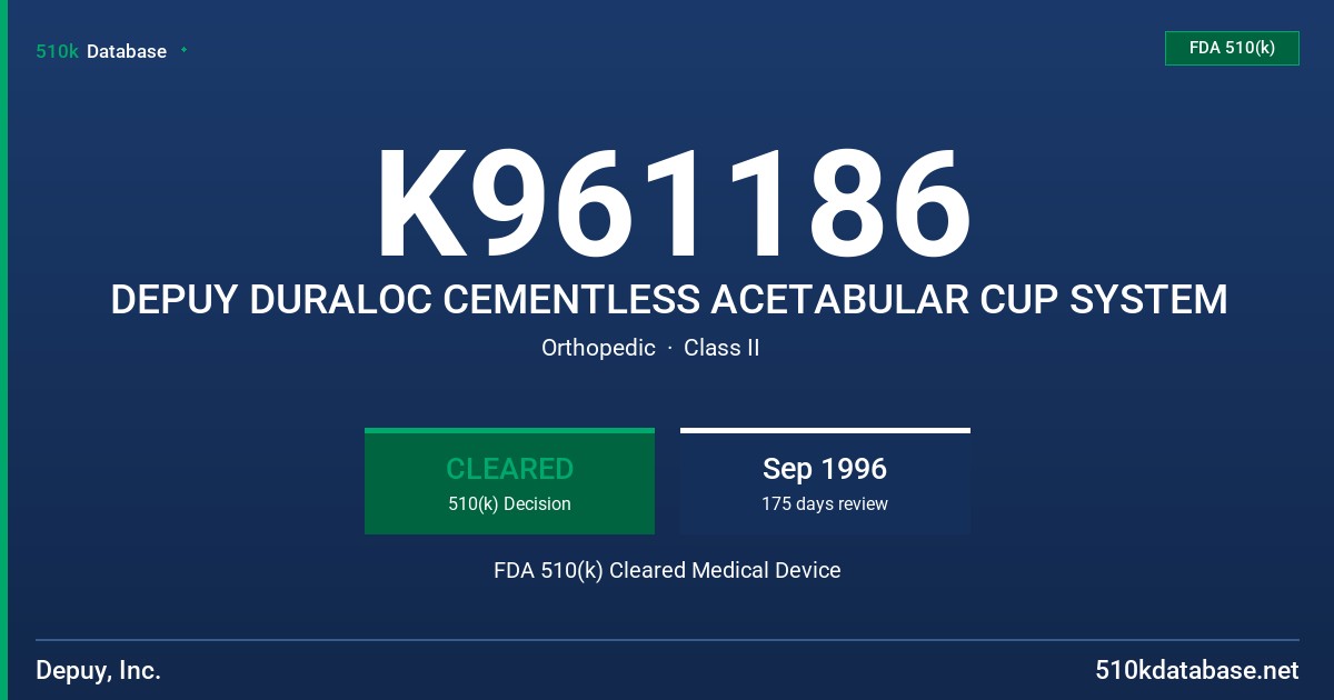 K961186 DEPUY DURALOC CEMENTLESS ACETABULAR CUP SYSTEM FDA 510(k) Cleared Medical Device