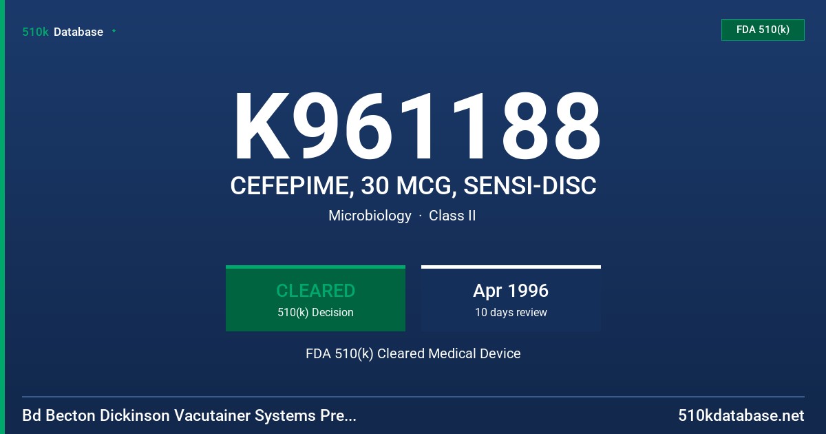 K961188 CEFEPIME, 30 MCG, SENSI-DISC FDA 510(k) Cleared Medical Device