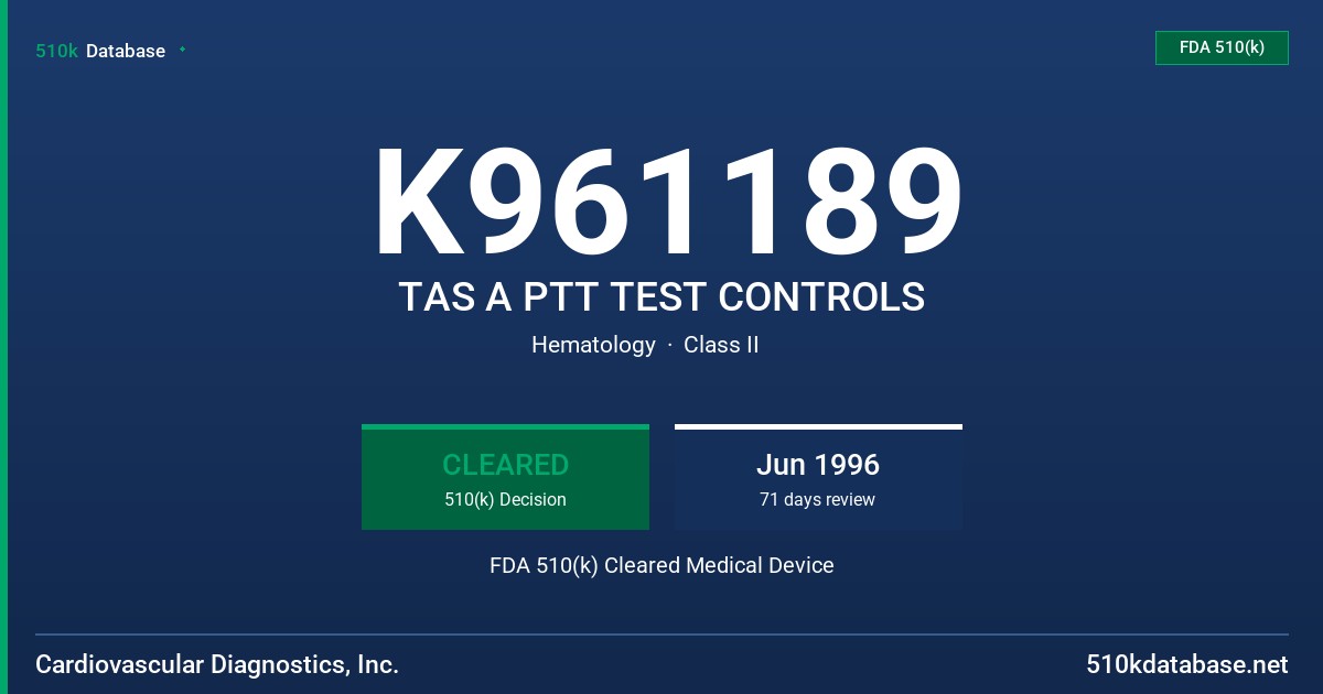 K961189 TAS A PTT TEST CONTROLS FDA 510(k) Cleared Medical Device