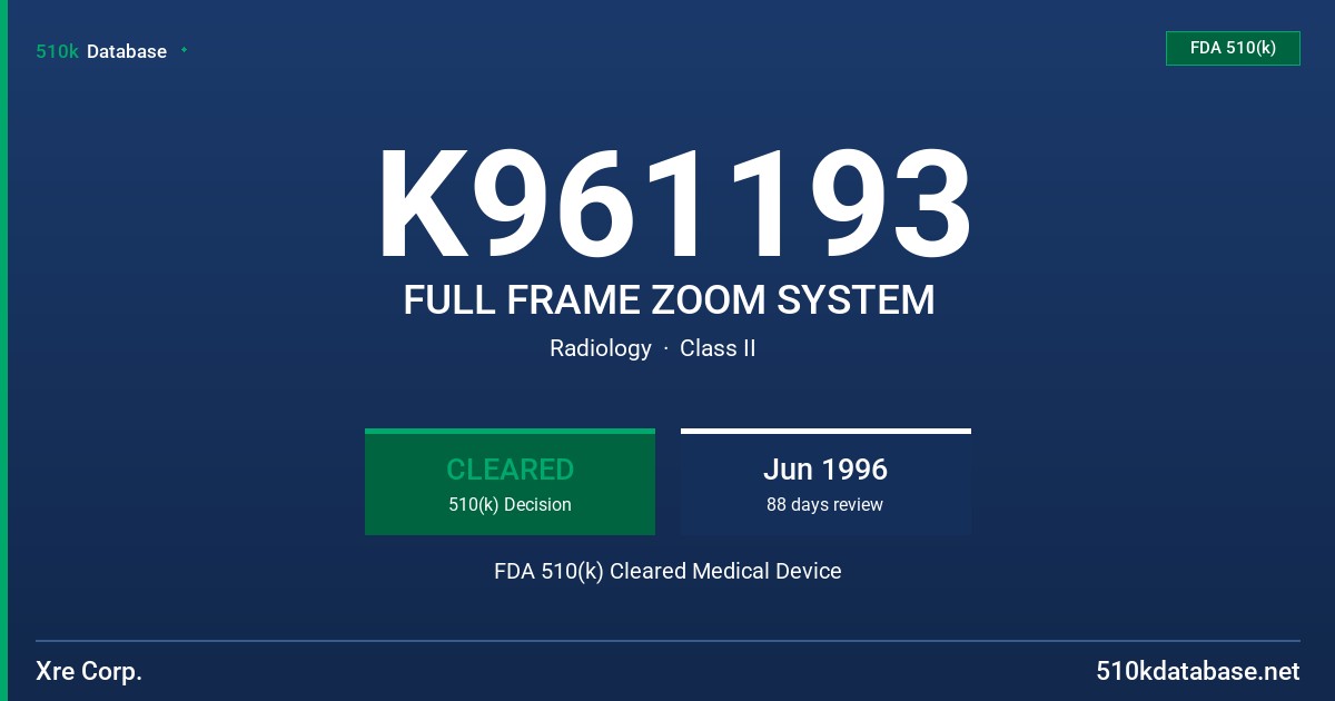 K961193 FULL FRAME ZOOM SYSTEM FDA 510(k) Cleared Medical Device