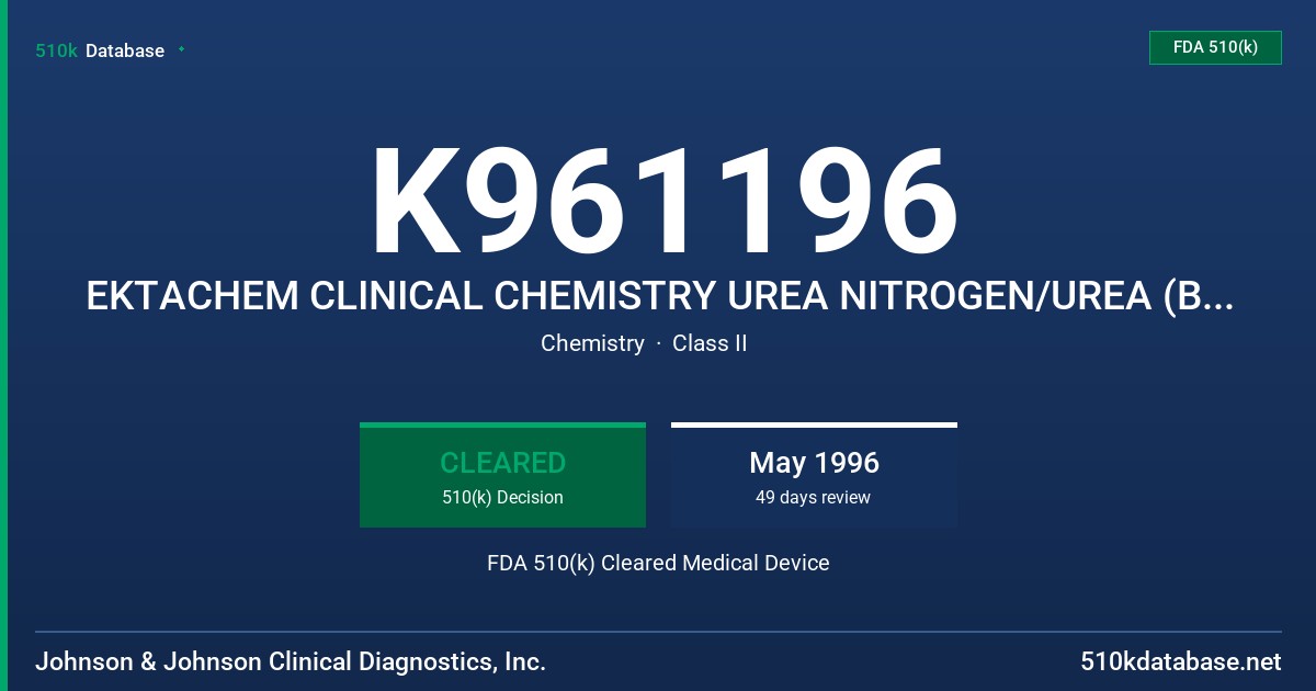 K961196 EKTACHEM CLINICAL CHEMISTRY UREA NITROGEN/UREA (BUN/UREA) FDA 510(k) Cleared Medical Device