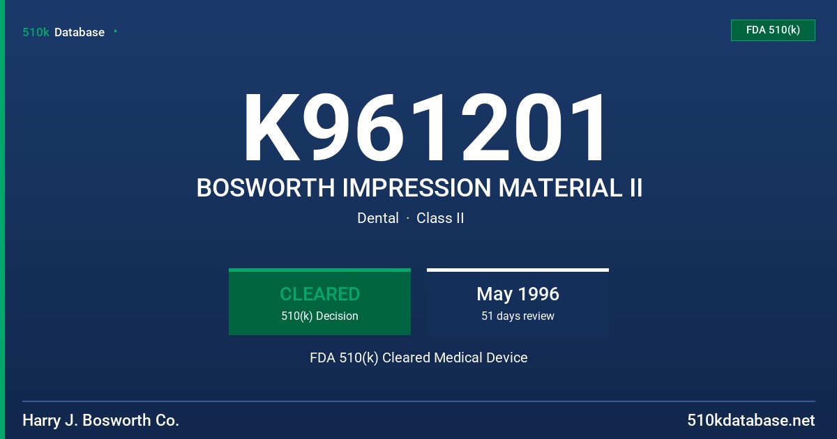 K961201 BOSWORTH IMPRESSION MATERIAL II FDA 510(k) Cleared Medical Device
