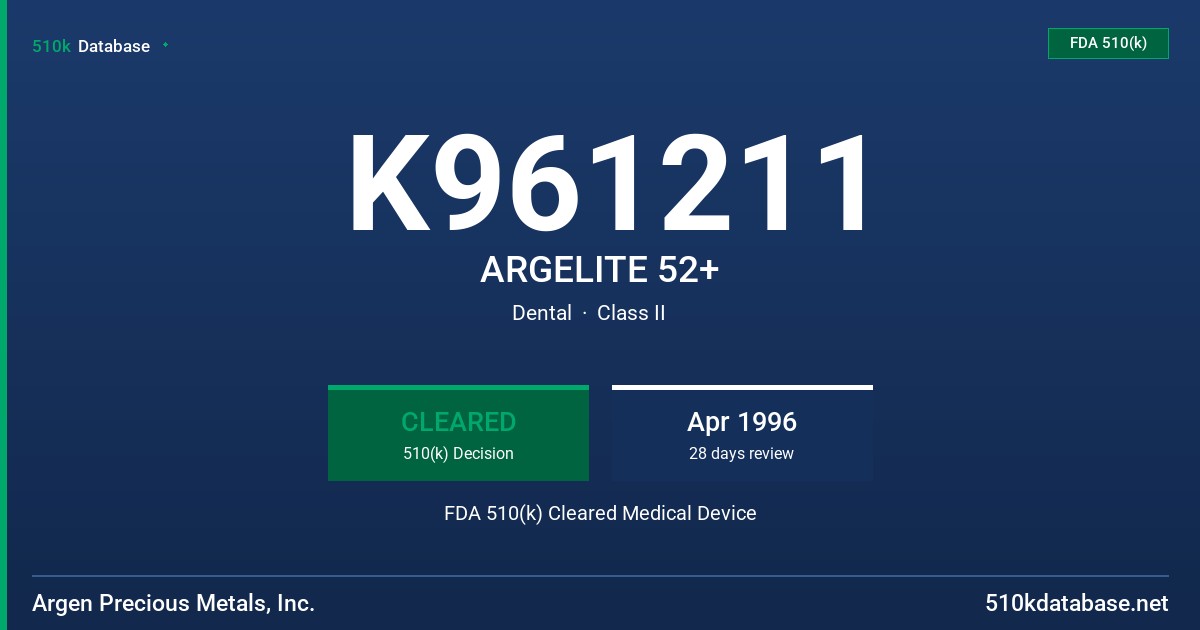 K961211 ARGELITE 52+ FDA 510(k) Cleared Medical Device