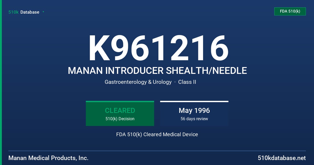K961216 MANAN INTRODUCER SHEALTH/NEEDLE FDA 510(k) Cleared Medical Device