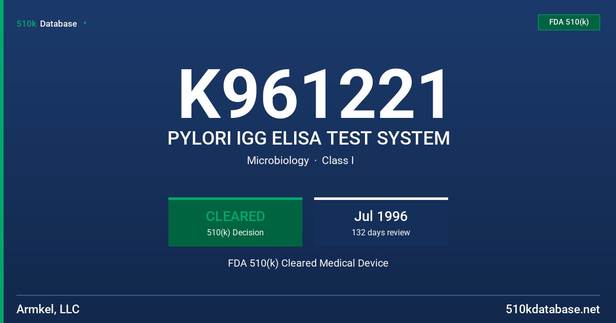 K961221 PYLORI IGG ELISA TEST SYSTEM FDA 510(k) Cleared Medical Device
