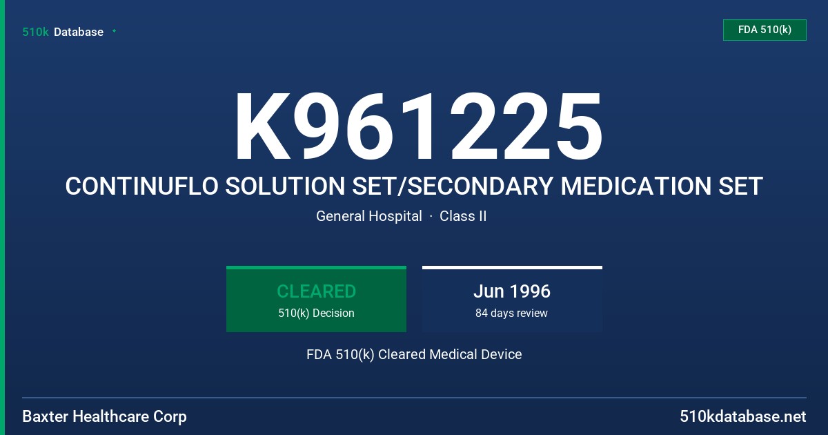 K961225 CONTINUFLO SOLUTION SET/SECONDARY MEDICATION SET FDA 510(k) Cleared Medical Device