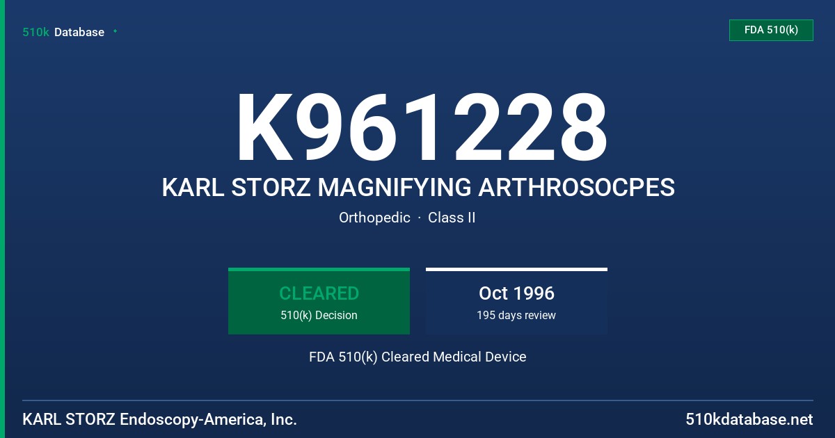 K961228 KARL STORZ MAGNIFYING ARTHROSOCPES FDA 510(k) Cleared Medical Device