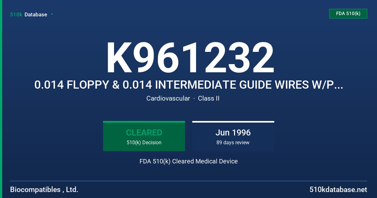 K961232 0.014 FLOPPY & 0.014 INTERMEDIATE GUIDE WIRES W/PHOSPHORYLCHOLINE POLYMER COATING & 4CM RADIOPAQUE TIP FDA 510(k) Cleared Medical Device