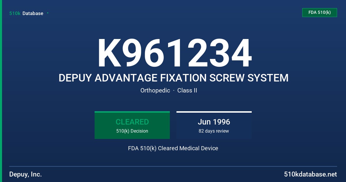 K961234 DEPUY ADVANTAGE FIXATION SCREW SYSTEM FDA 510(k) Cleared Medical Device