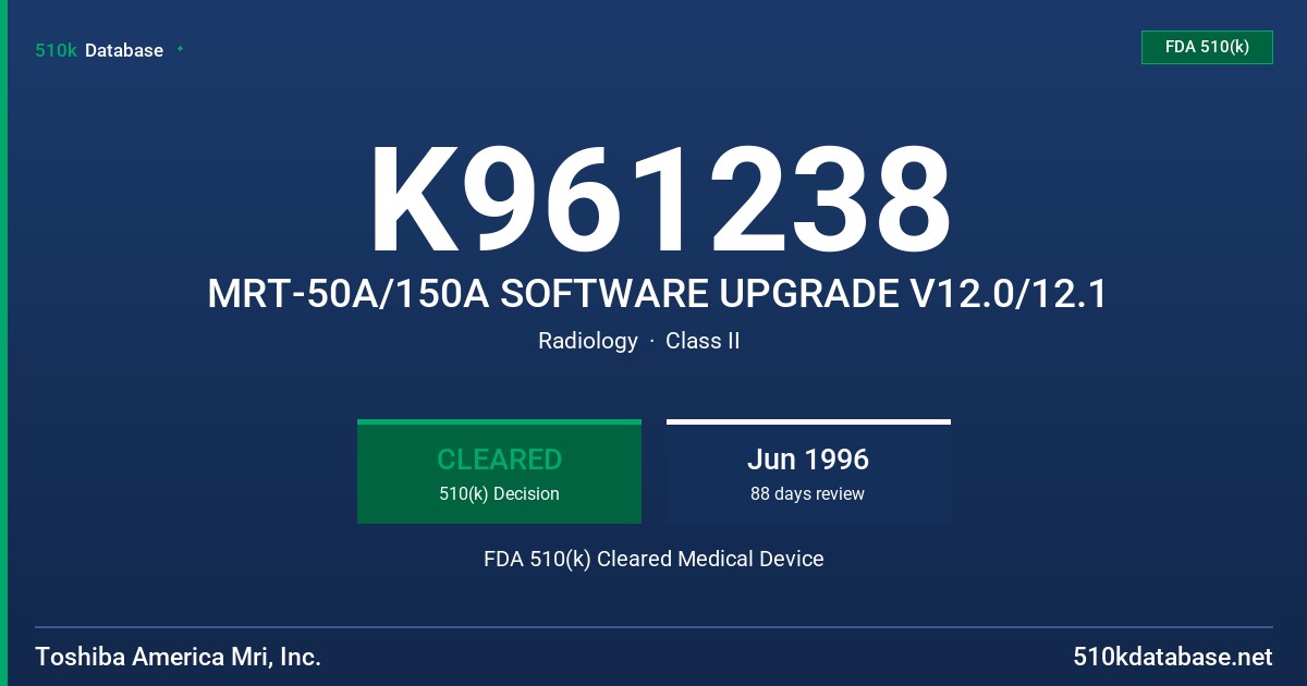 K961238 MRT-50A/150A SOFTWARE UPGRADE V12.0/12.1 FDA 510(k) Cleared Medical Device