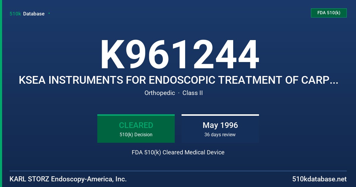 K961244 KSEA INSTRUMENTS FOR ENDOSCOPIC TREATMENT OF CARPAL TUNNEL SYNDROME FDA 510(k) Cleared Medical Device