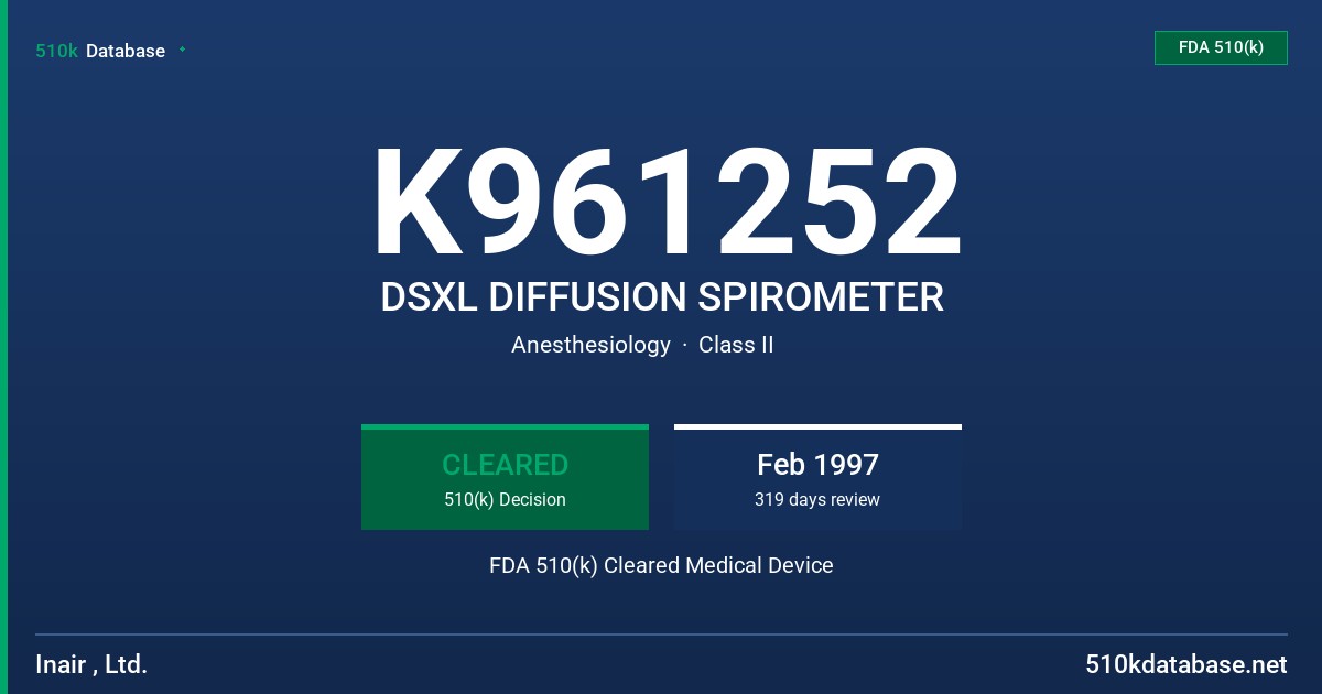 K961252 DSXL DIFFUSION SPIROMETER FDA 510(k) Cleared Medical Device