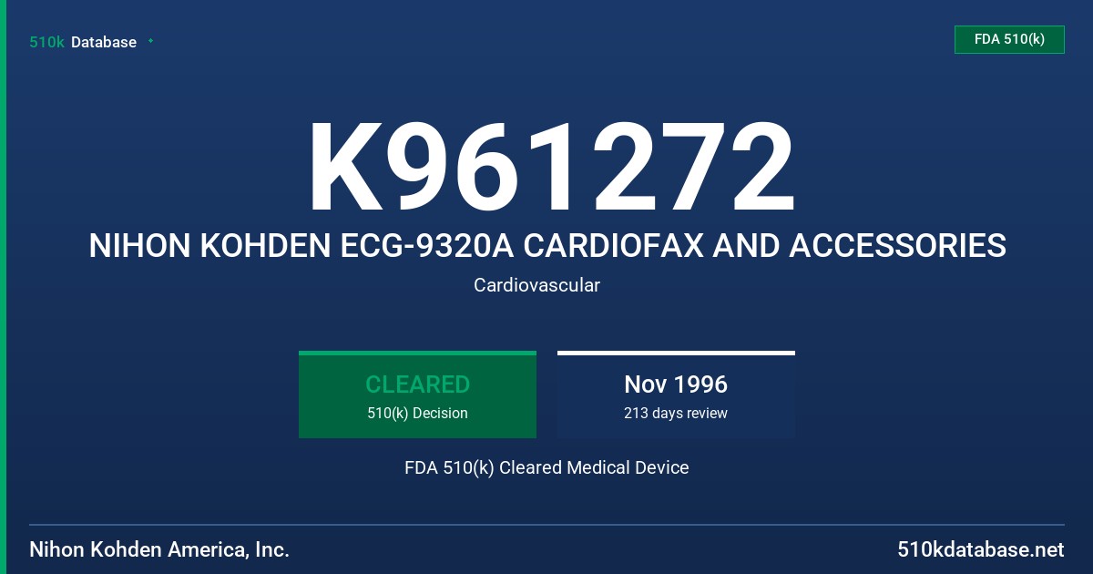 K961272 NIHON KOHDEN ECG-9320A CARDIOFAX AND ACCESSORIES FDA 510(k) Cleared Medical Device