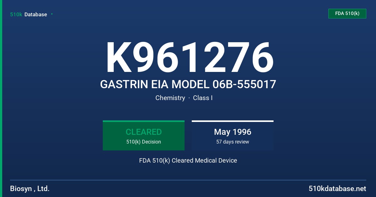 K961276 GASTRIN EIA MODEL 06B-555017 FDA 510(k) Cleared Medical Device